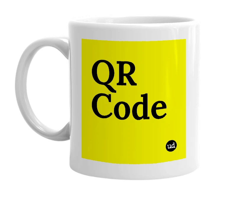 White mug with 'QR Code' in bold black letters