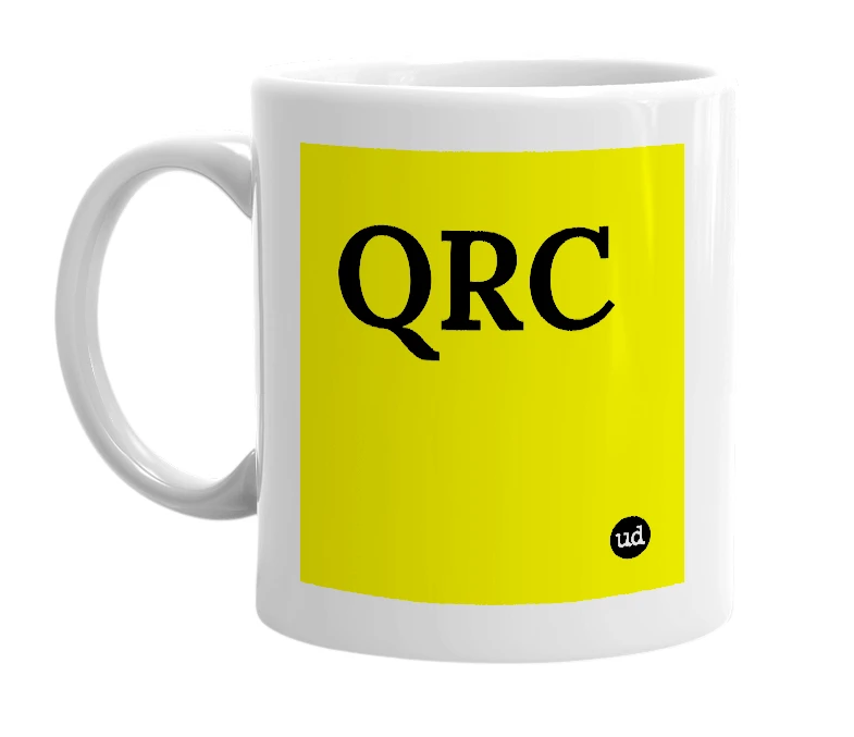 White mug with 'QRC' in bold black letters