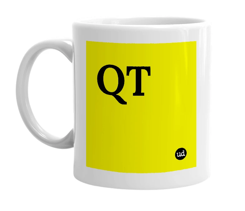 White mug with 'QT' in bold black letters