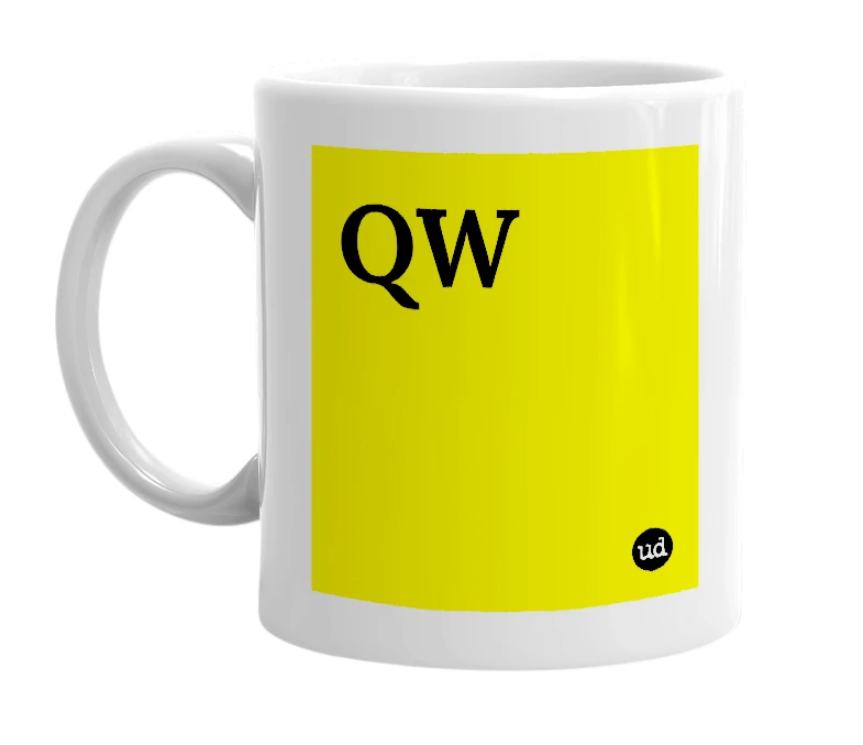 White mug with 'QW' in bold black letters