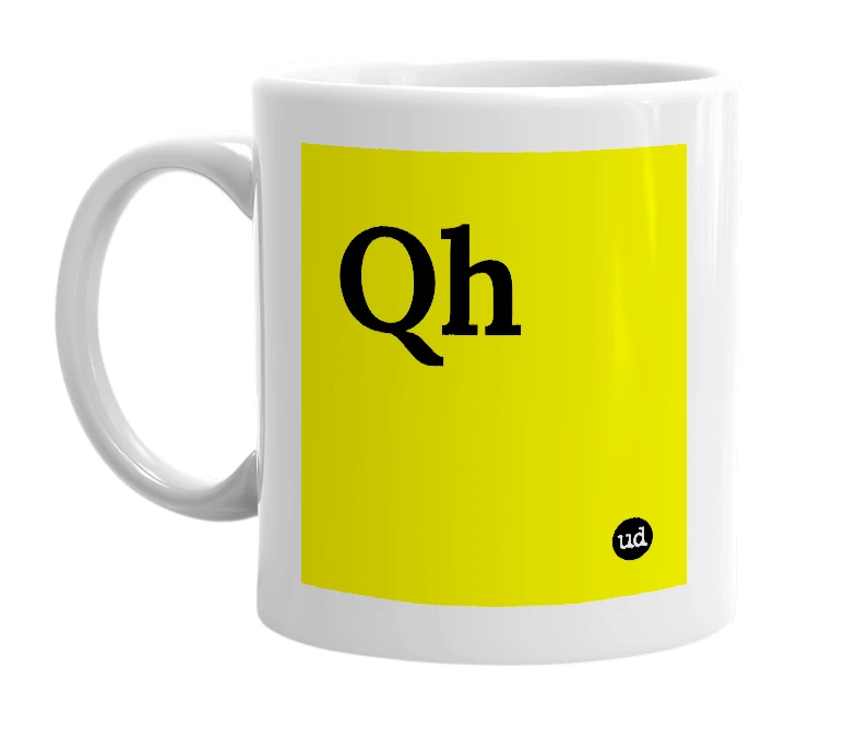 White mug with 'Qh' in bold black letters