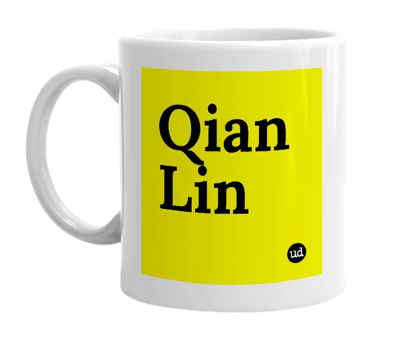 White mug with 'Qian Lin' in bold black letters