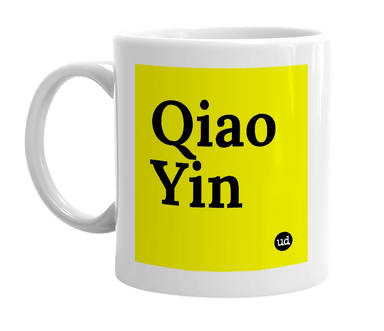 White mug with 'Qiao Yin' in bold black letters