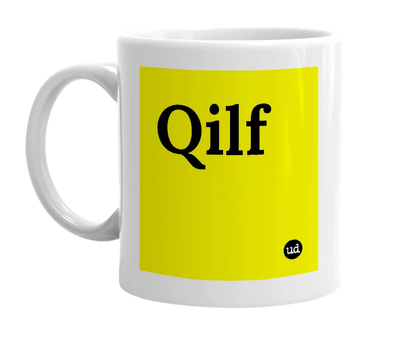 White mug with 'Qilf' in bold black letters