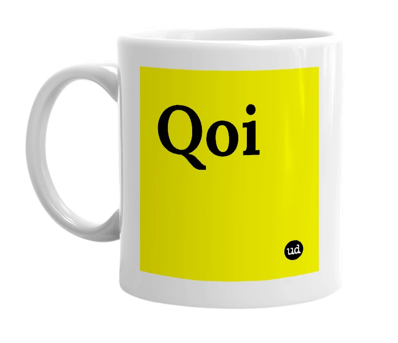 White mug with 'Qoi' in bold black letters