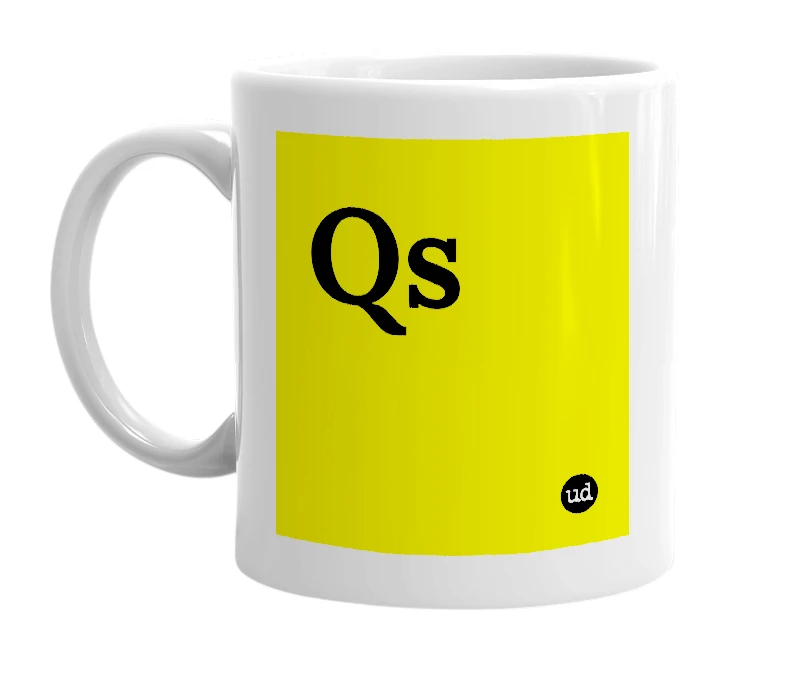 White mug with 'Qs' in bold black letters