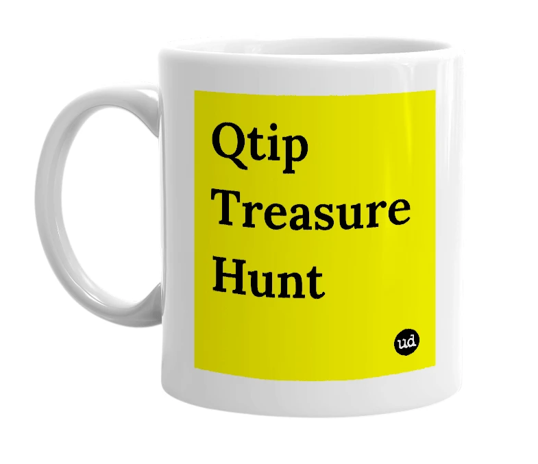 White mug with 'Qtip Treasure Hunt' in bold black letters