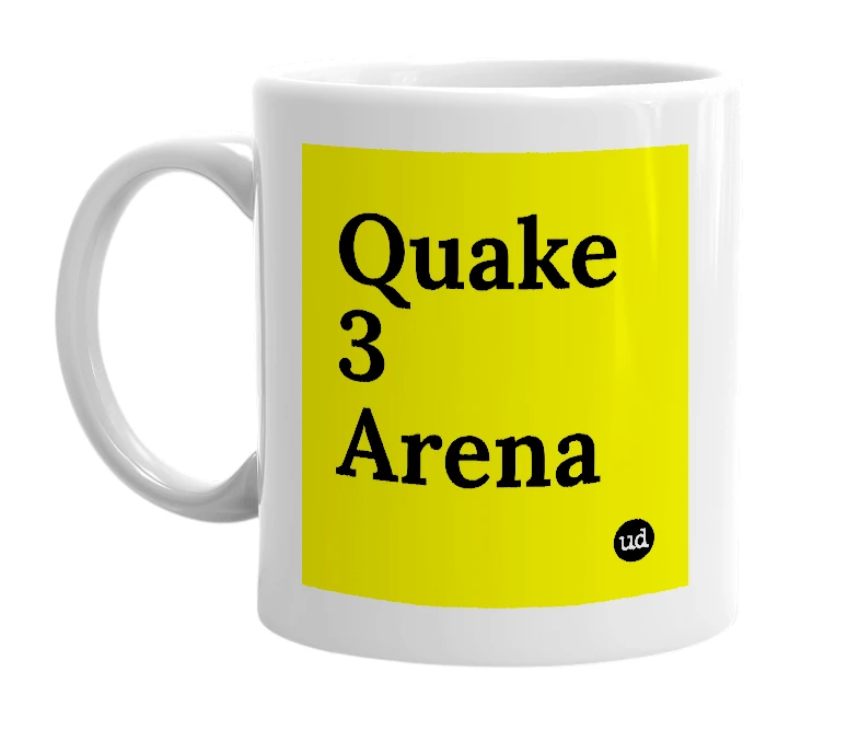 White mug with 'Quake 3 Arena' in bold black letters