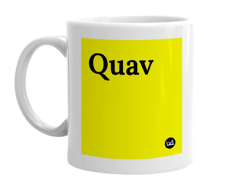 White mug with 'Quav' in bold black letters