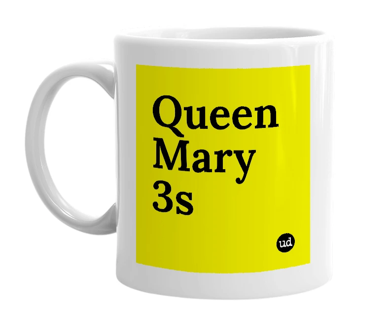White mug with 'Queen Mary 3s' in bold black letters