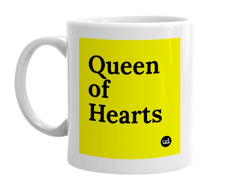 White mug with 'Queen of Hearts' in bold black letters