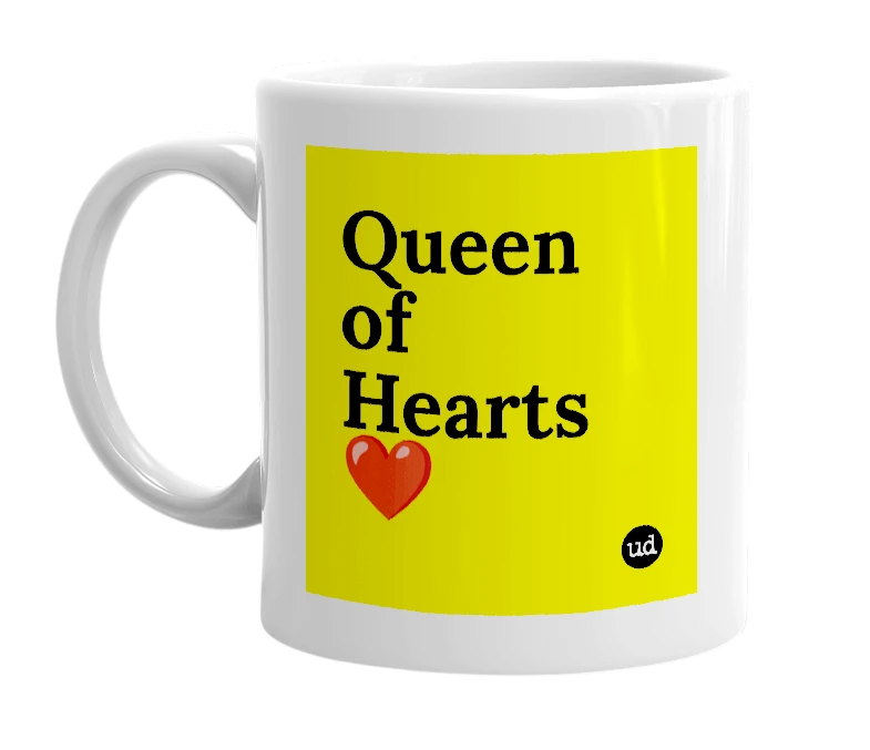 White mug with 'Queen of Hearts ❤️' in bold black letters