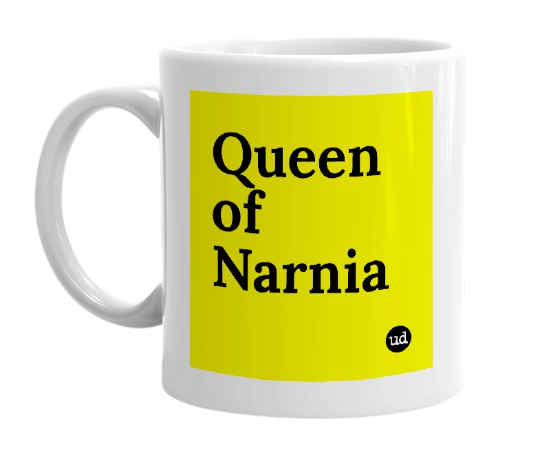 White mug with 'Queen of Narnia' in bold black letters