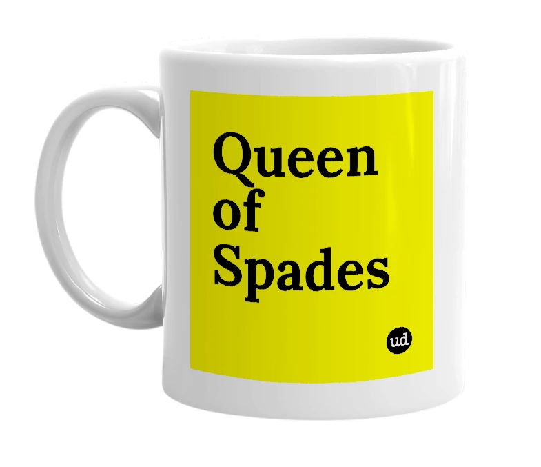 White mug with 'Queen of Spades' in bold black letters