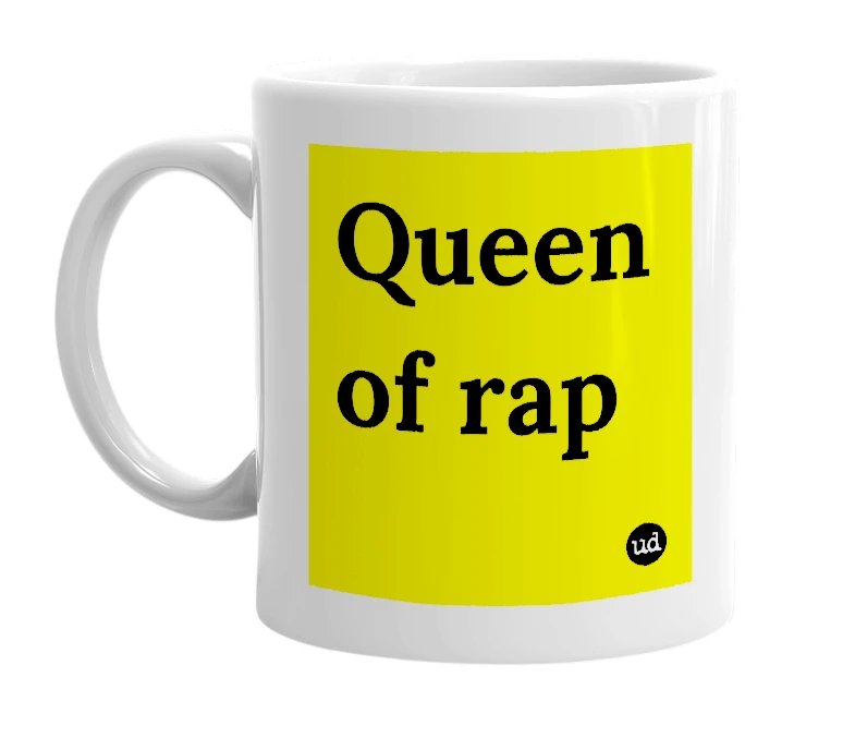 White mug with 'Queen of rap' in bold black letters