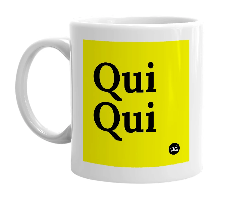 White mug with 'Qui Qui' in bold black letters