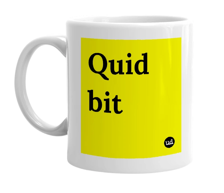 White mug with 'Quid bit' in bold black letters