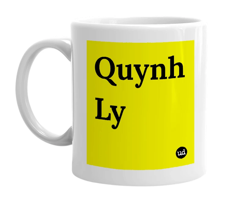 White mug with 'Quynh Ly' in bold black letters