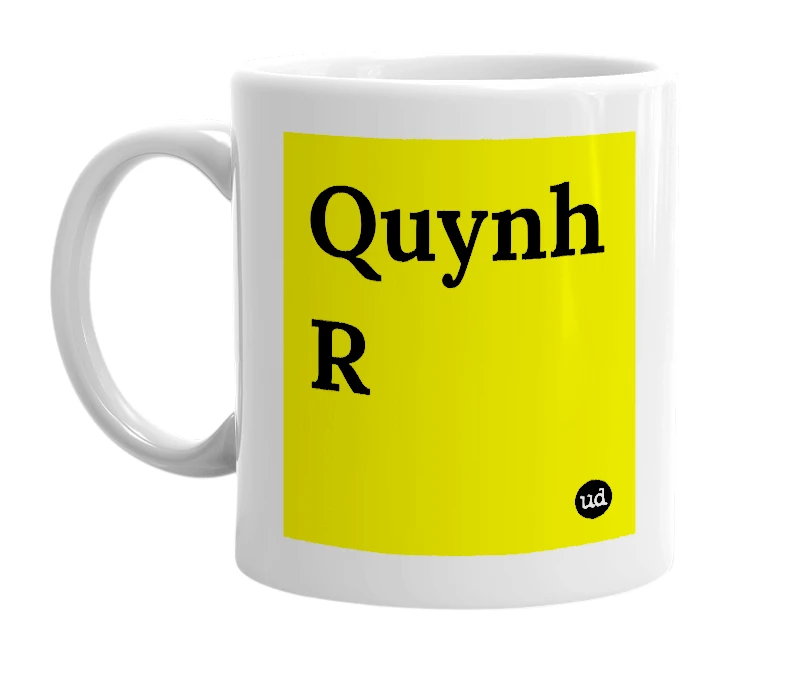 White mug with 'Quynh R' in bold black letters