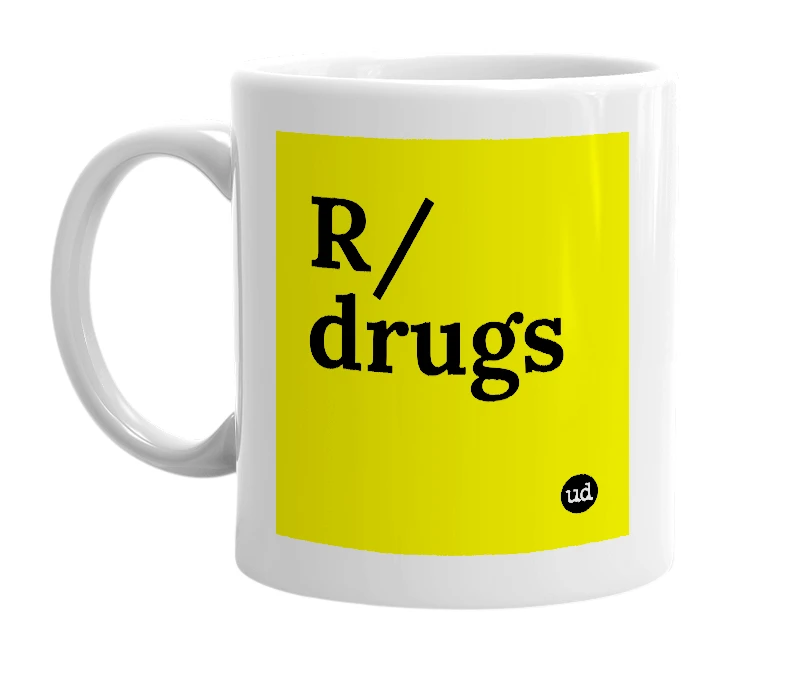 White mug with 'R/drugs' in bold black letters