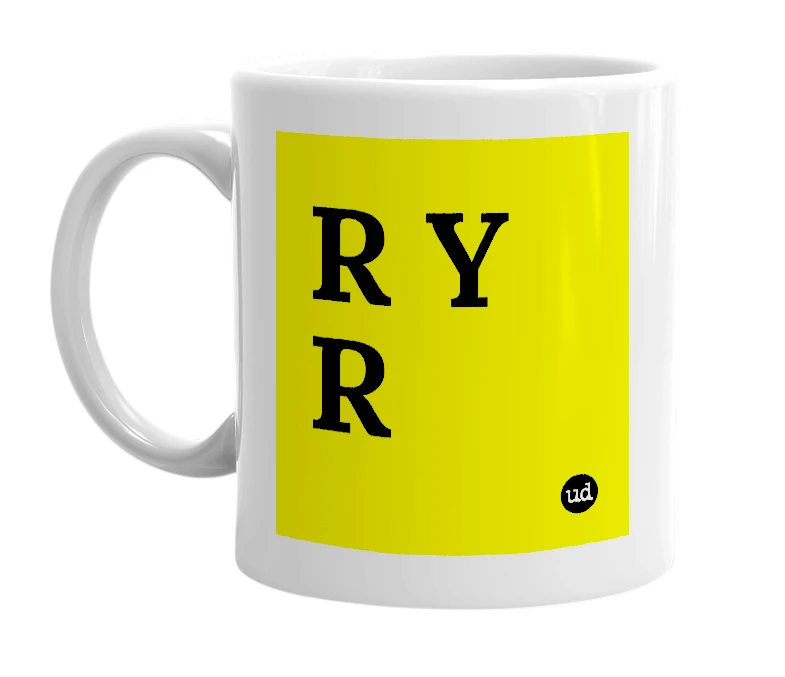 White mug with 'R Y R' in bold black letters