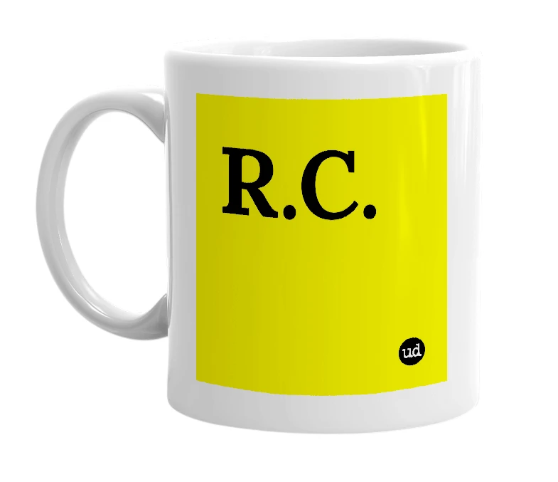 White mug with 'R.C.' in bold black letters