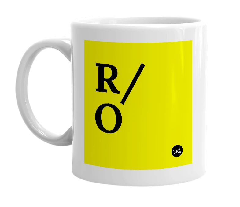 White mug with 'R/O' in bold black letters