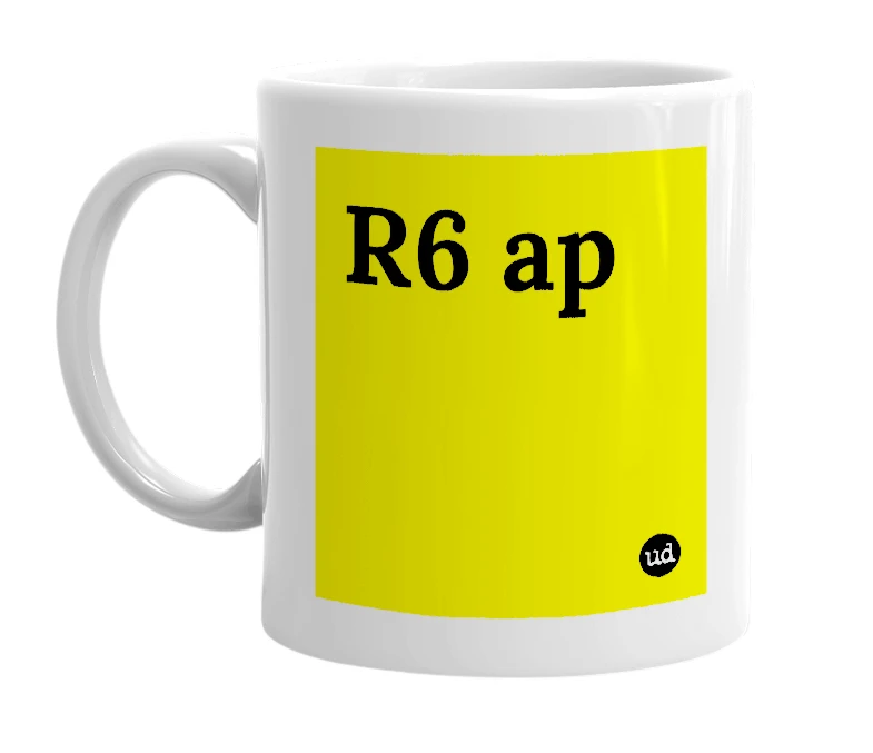 White mug with 'R6 ap' in bold black letters