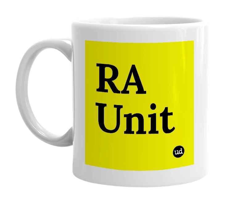 White mug with 'RA Unit' in bold black letters