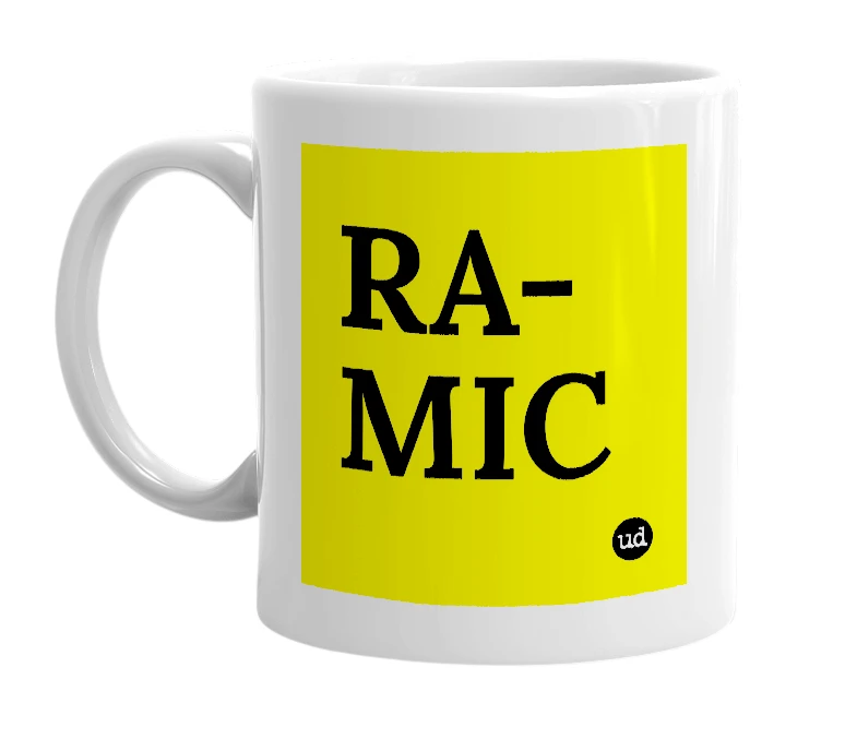 White mug with 'RA-MIC' in bold black letters