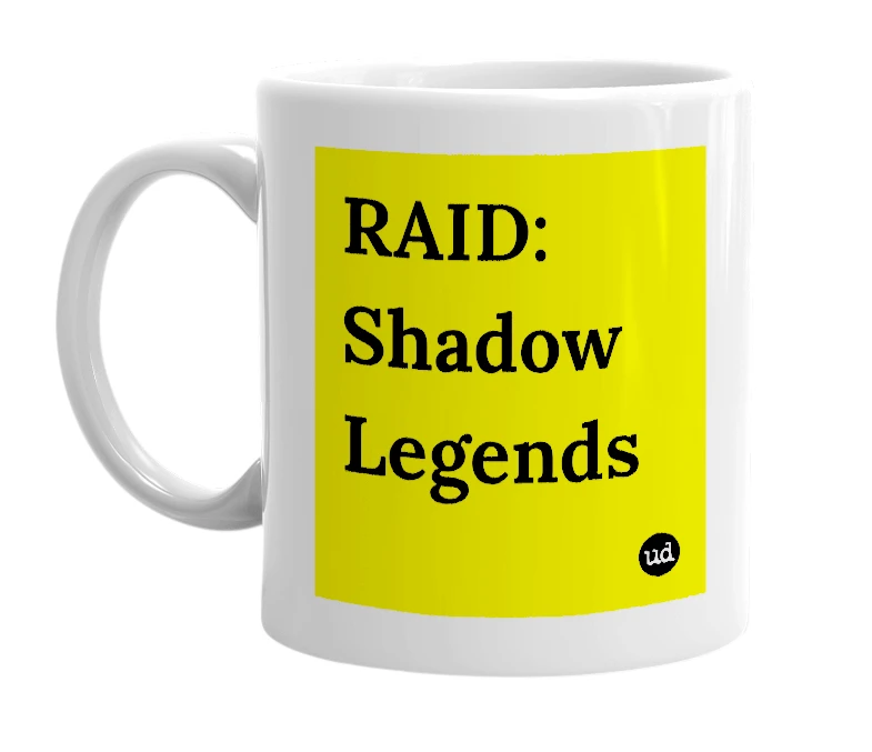 White mug with 'RAID: Shadow Legends' in bold black letters