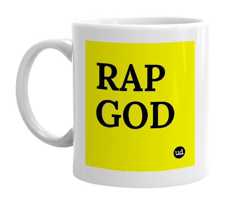 White mug with 'RAP GOD' in bold black letters