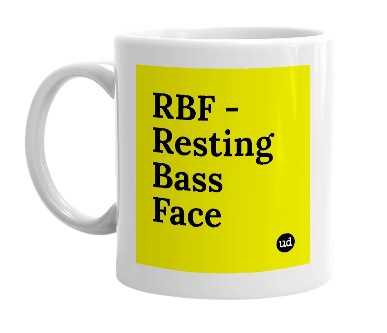 White mug with 'RBF - Resting Bass Face' in bold black letters