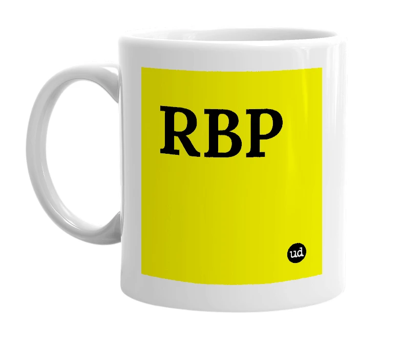 White mug with 'RBP' in bold black letters