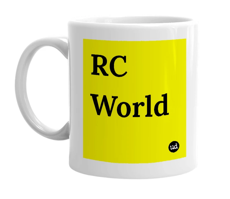 White mug with 'RC World' in bold black letters