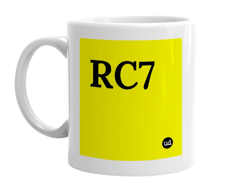 White mug with 'RC7' in bold black letters