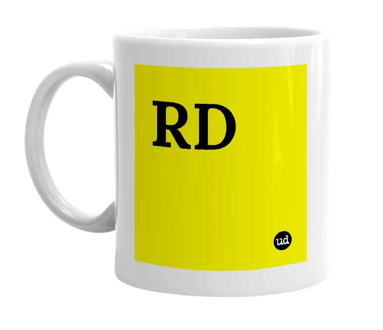 White mug with 'RD' in bold black letters
