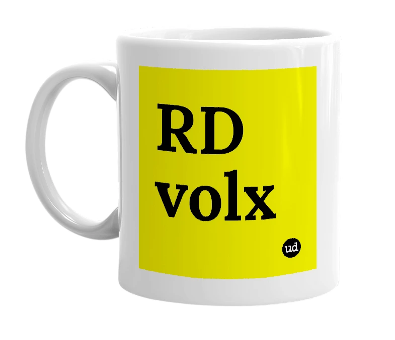 White mug with 'RD volx' in bold black letters