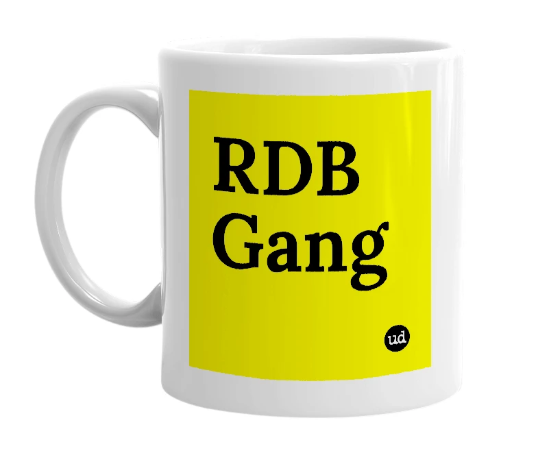 White mug with 'RDB Gang' in bold black letters