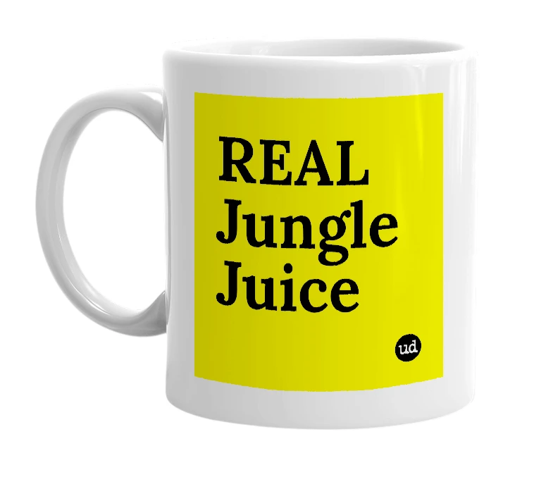 White mug with 'REAL Jungle Juice' in bold black letters