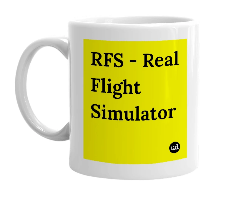 White mug with 'RFS - Real Flight Simulator' in bold black letters