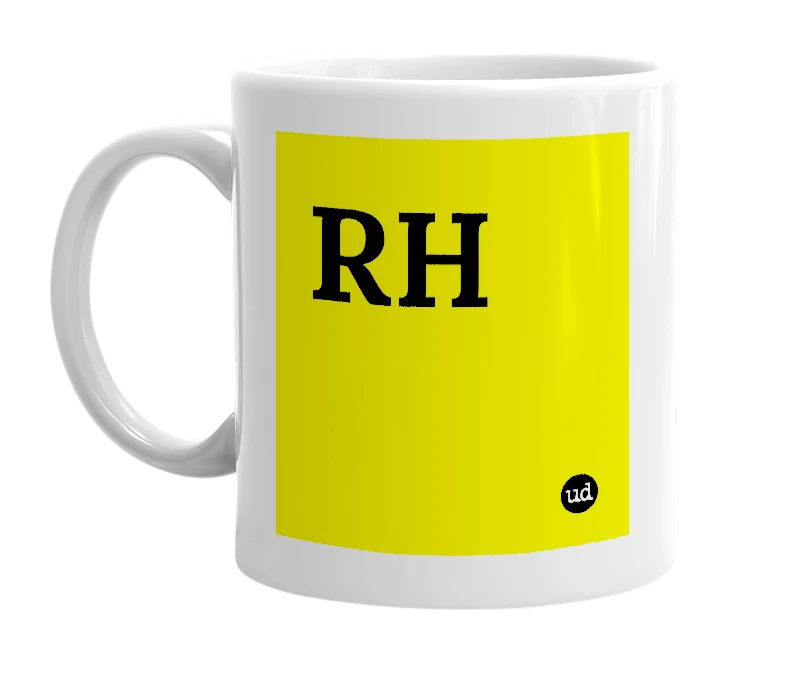 White mug with 'RH' in bold black letters