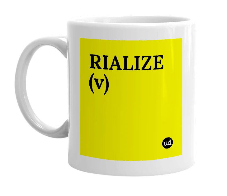 White mug with 'RIALIZE (v)' in bold black letters