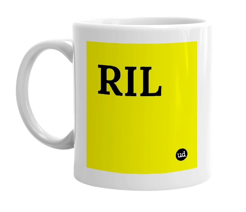 White mug with 'RIL' in bold black letters
