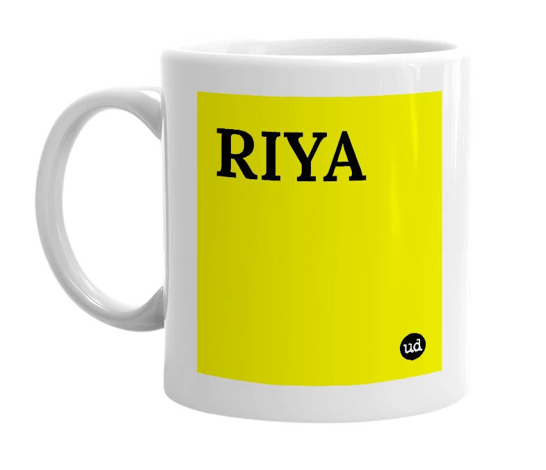 White mug with 'RIYA' in bold black letters