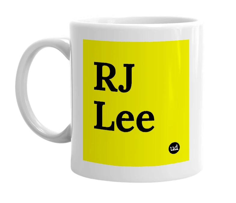 White mug with 'RJ Lee' in bold black letters