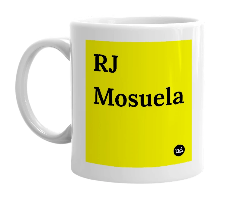 White mug with 'RJ Mosuela' in bold black letters