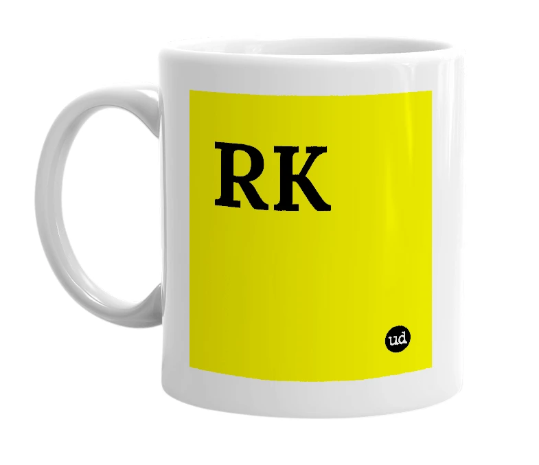 White mug with 'RK' in bold black letters
