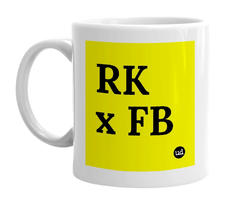 White mug with 'RK x FB' in bold black letters