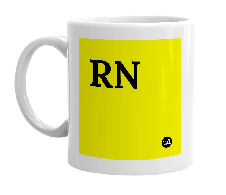 White mug with 'RN' in bold black letters